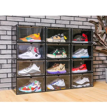 

Transparent shoe box side open storage dust-proof display shoe cabinet magnetic suction door basketball shoe box flip
