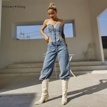WHITNEY WANG джинсы Весенняя мода уличный стиль сексуальный комбинезон без бретелек Джинсы женские стильные джинсовые штаны