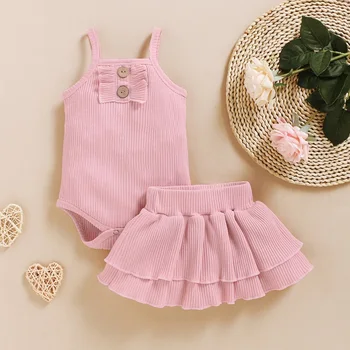 

Summer Lovely Girls Clothes Set 1-4T Cotton Sling Rompers Tops Solid Color Skirt Kit Kids Two-piece Outfit