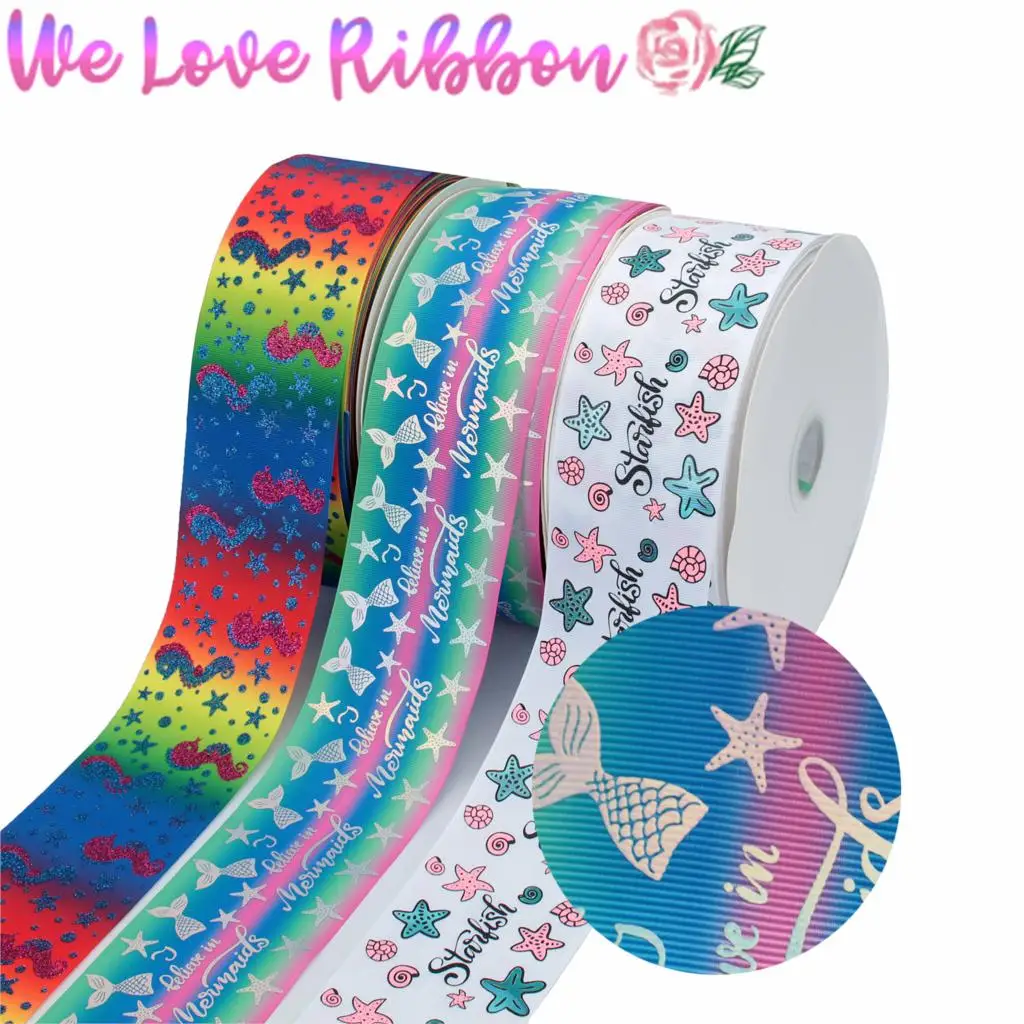 3&quot75mm Black Pink Ink Print Starfish Gradient Color Grosgrain Ribbon Hologram Silver Foil Mermaid Tail Glitter Seahorse 50yards | Дом и