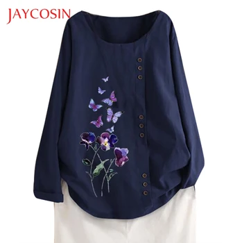

JAYCOSIN 5XL T Shirt Women Long Sleeve Cotton Linen Ladies Tops Kaftan Baggy O-Neck Botton Casual vintage tee shirt femme blusas