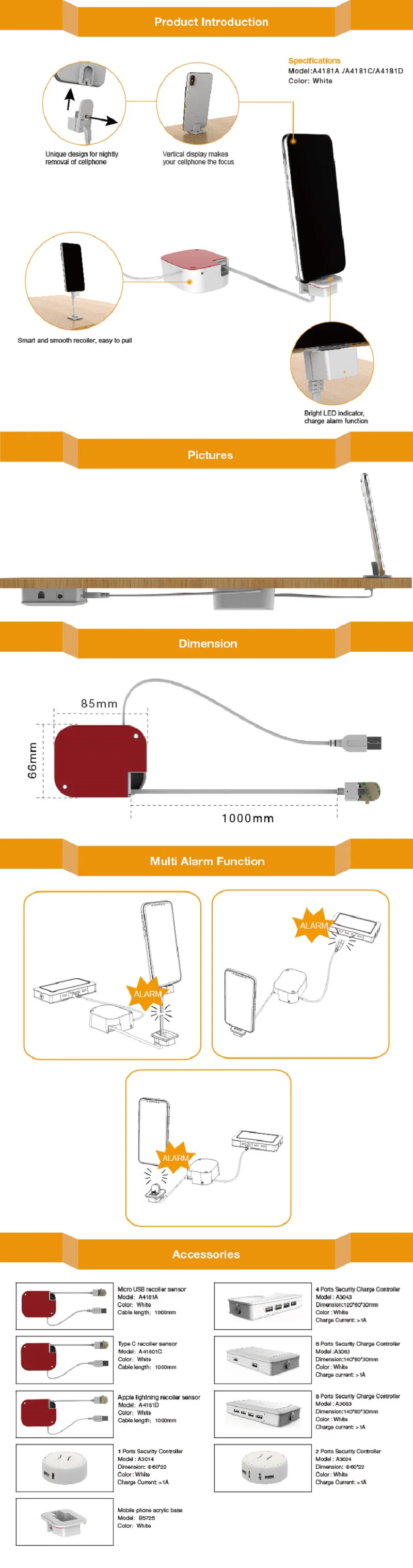 table_mobile_phone_retail_security_retractable_cable_pull_box_with_phone_vertical_display_base