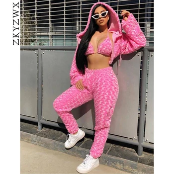 

ZKYZWX Plush Velvet Plus Size Two Piece Set Women Festival Clothing Crop Hoodies and Pant Matching Sets Fall Winter Outfits