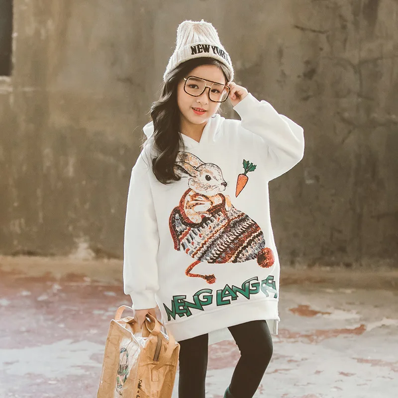 Детские толстовки с капюшоном для девочек зимние теплые пуловеры из плотного бархата, топы с рисунками, Корейская одежда для подростков 10, 12, 14, 16 лет - Цвет: White