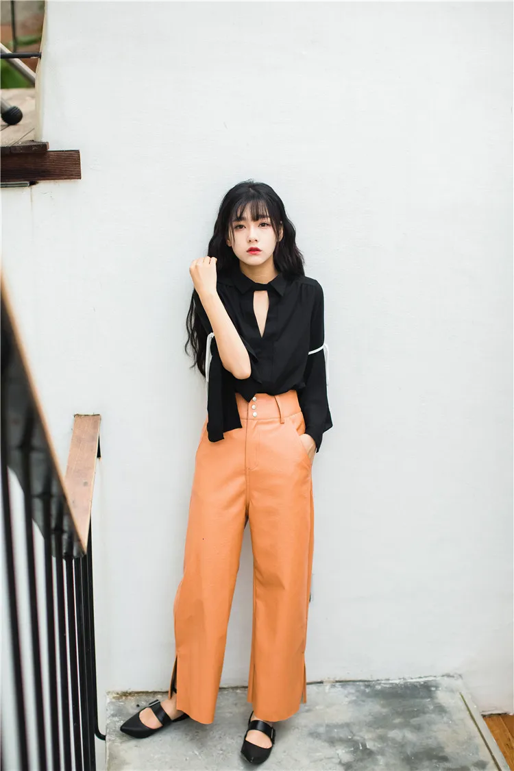 Корейские модные женские зимние брюки из искусственной кожи с высокой талией, свободные брюки из искусственной кожи, зимние брюки зеленого оранжевого цвета