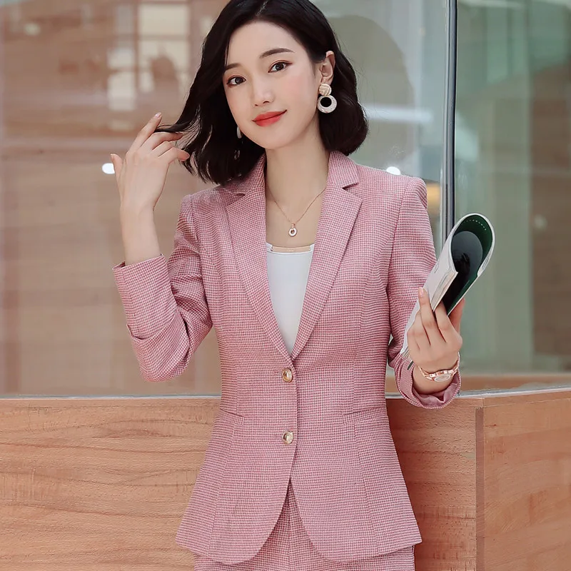Pink plaid blazer Осенний серый розовый клетчатый Блейзер модный Женский Повседневный длинный рукав тонкий пиджак офисный бизнес для женщин пальто для работы - Цвет: Pink plaid blazer
