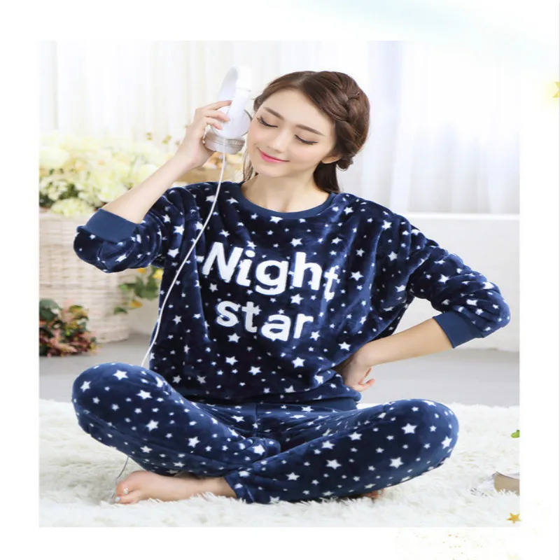 Autumn and Winter Coral Fleece Plus Velvet Warm Pajamas Women's Flannel Spring and Autumn Women's Korean Student Home Service