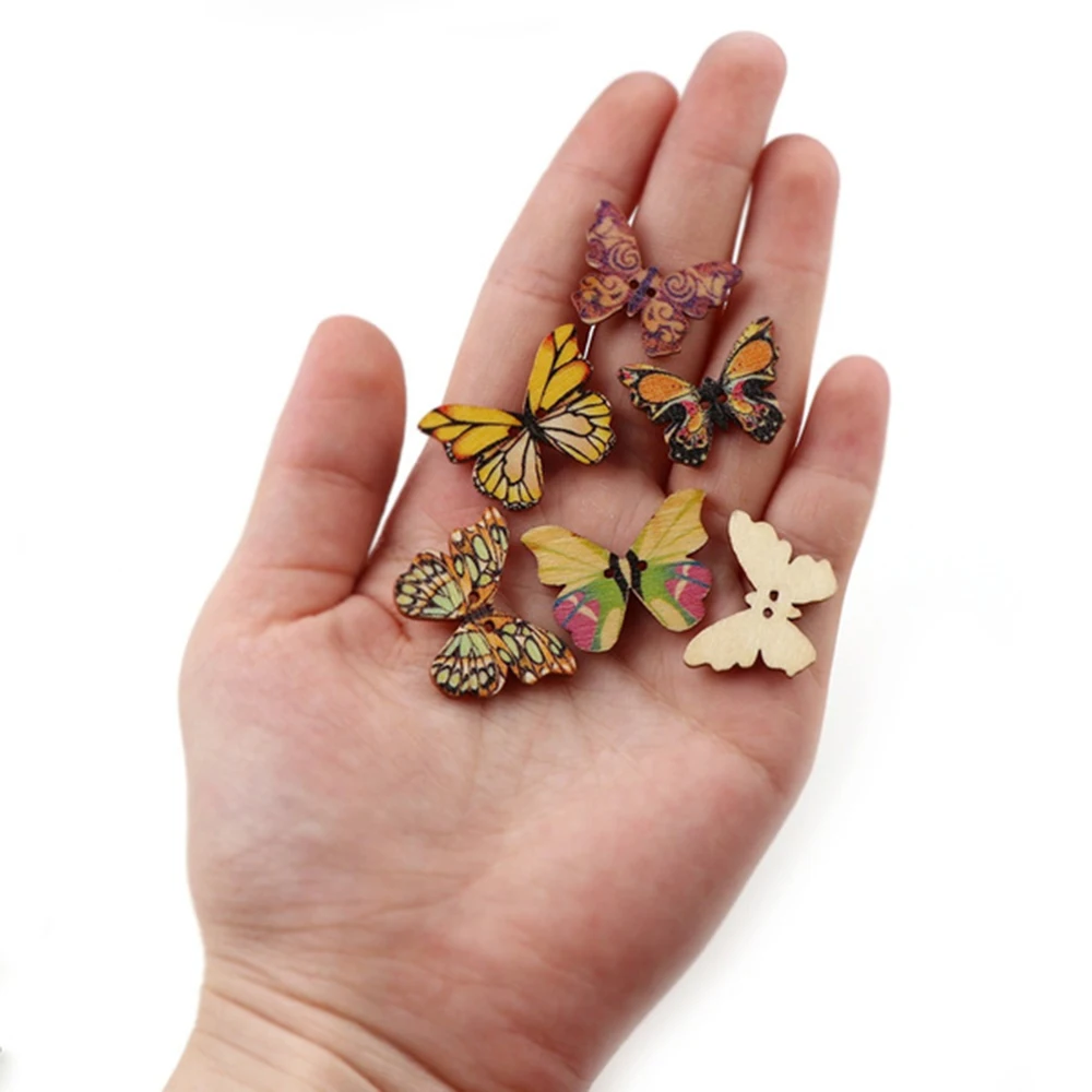 50pcs Butterfly Wooden Buttons 28mm 2Hole Buttons Mixed Color Decorative Buttons for Clothing Crafts DIY Decoration Accessories