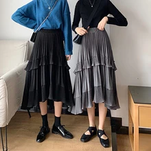 Летние Осенние длинные юбки женские с высокой талией Асимметричные плиссированные юбки Harajuku больших размеров серые черные юбки с оборками jupe femme
