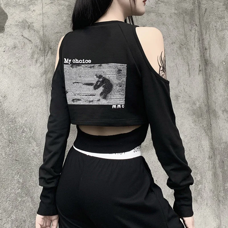 Black Goth Cool Women Sweatshirt 2020 Autumn Lady Crystal Horse Letter Print Off-shoulder O-neck Short-length Sexy Sweatshirts