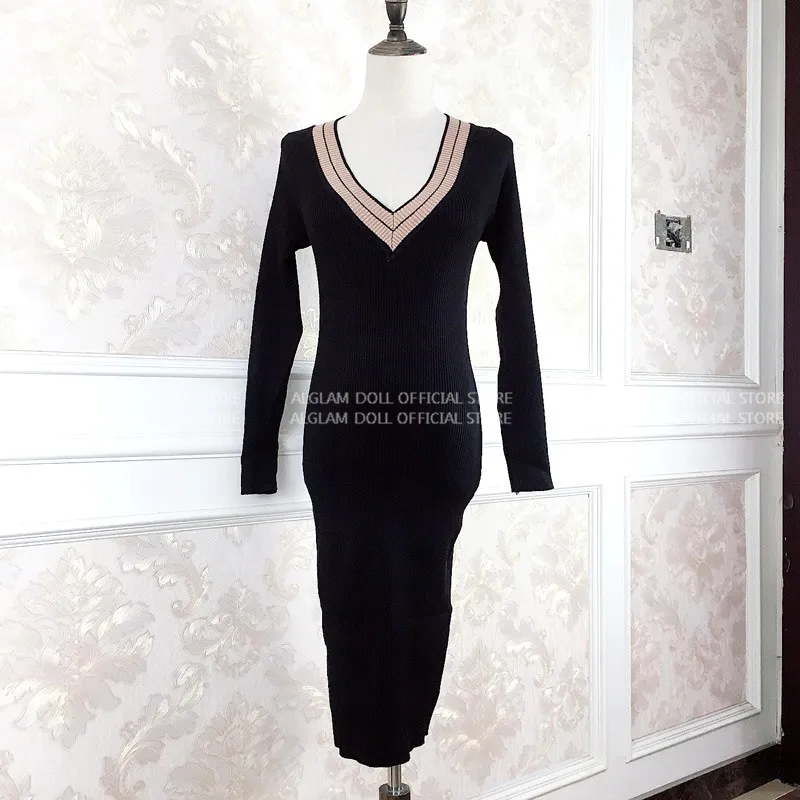 Осень v-образным вырезом Оболочка Bodycon Midi ткань черный сплошной с длинными рукавами сексуальный вязаный свитер платье