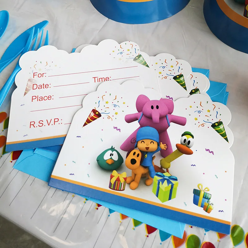 

POCOYO Invitation Card Cartoon Pocoyo Elly Pato Loula Theme Party Decor Paper Plate/Cups/Napkins/Banner Baby Shower Supplies