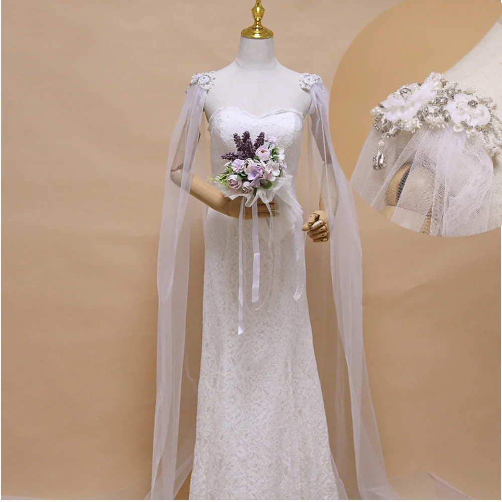 TOPQUEEN G21 New Cathedral Length Bridal Cape Diamond Flower Applique  Plus Wraps Party Shawl for Wedding Women's Shrug Jacket