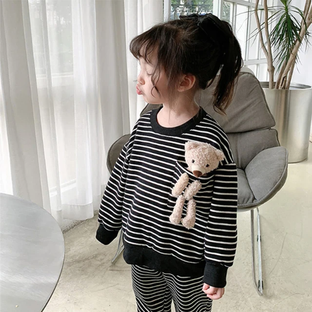 Mudkingdom Winter Autumn Girl Clothes Set  Striped Outfits with Bear Plush Toy Casual Kid Clothes 6