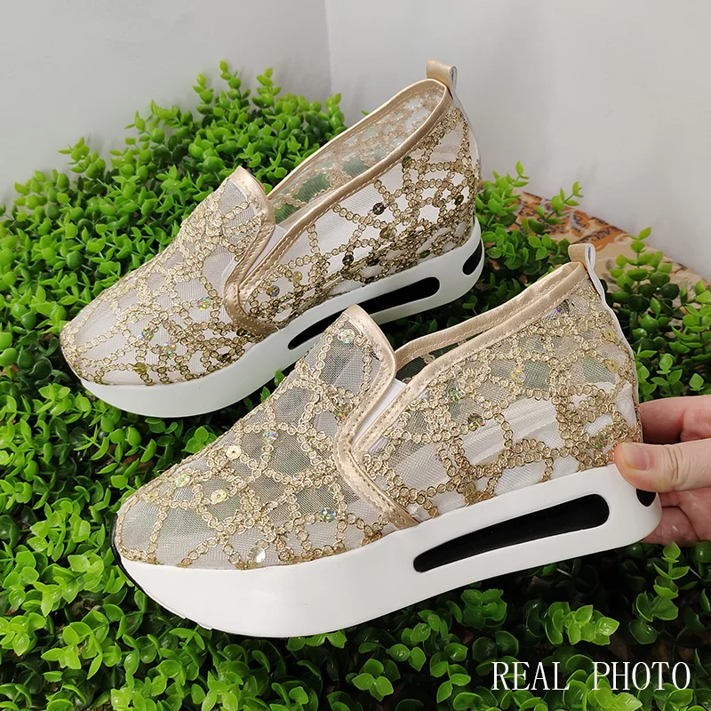 Female Wedge Casual Sneakers Women Gold Silver Platform Shoes