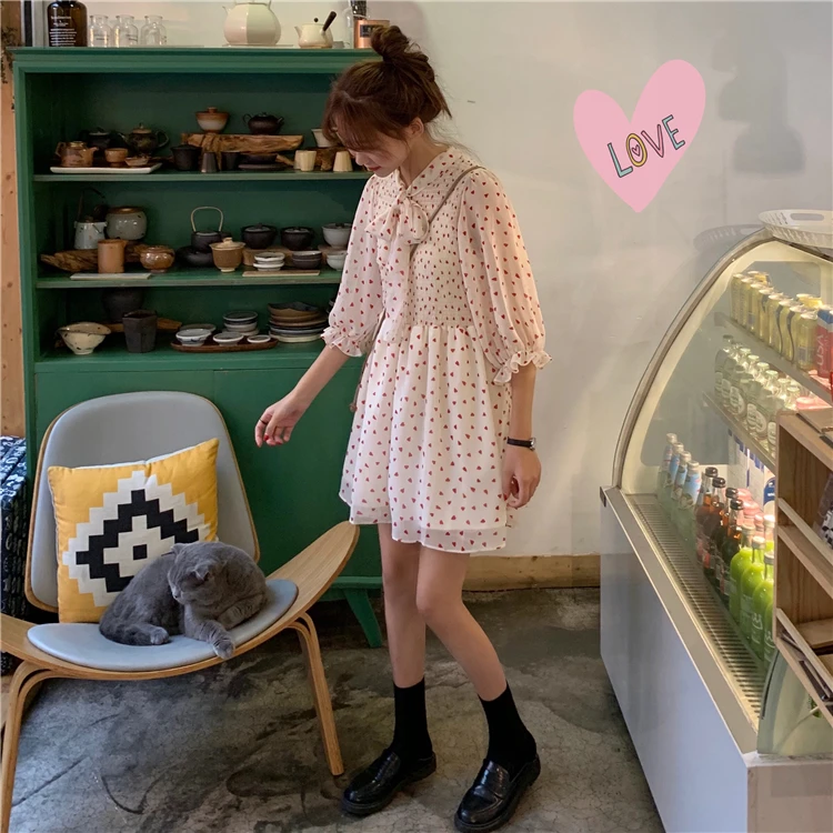 Для женщин милые платья Chic Ins Kawaii Ulzzang Повседневное свободные галстук-бабочка с любовью; милое детское платье; Панк-Одежда Harajuku для Для женщин