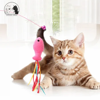 

Funny Fish Shape Cat Teaser Toy Interactive Feather Plush Bell Wand Teaser Rod Cat Catcher Teaser Toy Newly Design Feather Toy