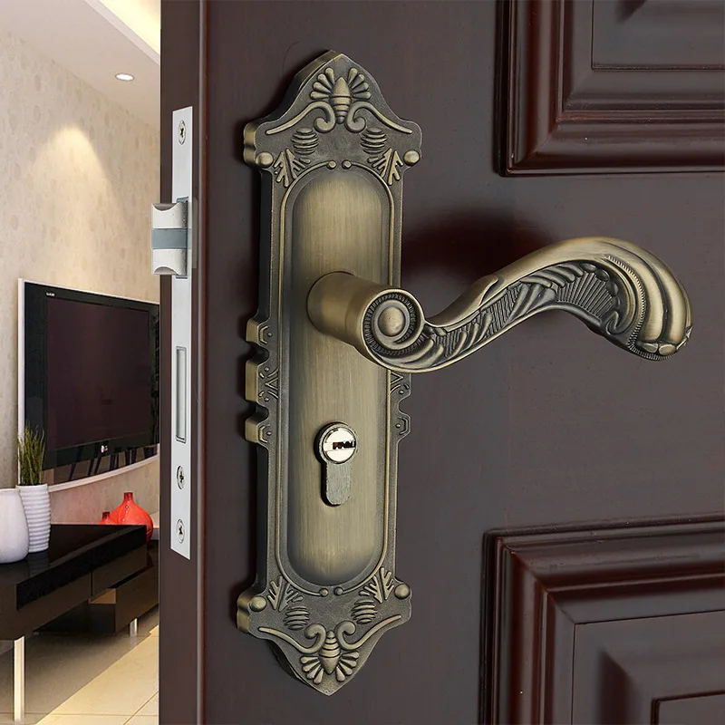 

Bedroom Solid Wood Door Handle Vintage Door Lock Hardware Locks European Style Interior Door Lock with a Handle Green Ancient