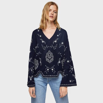 

Embroidery Print Denim Women Blouses Sexy V Neck Flare Sleeve Vintage Chic Shirts Summer Fall Loose Casual Blusa Feminina 2020