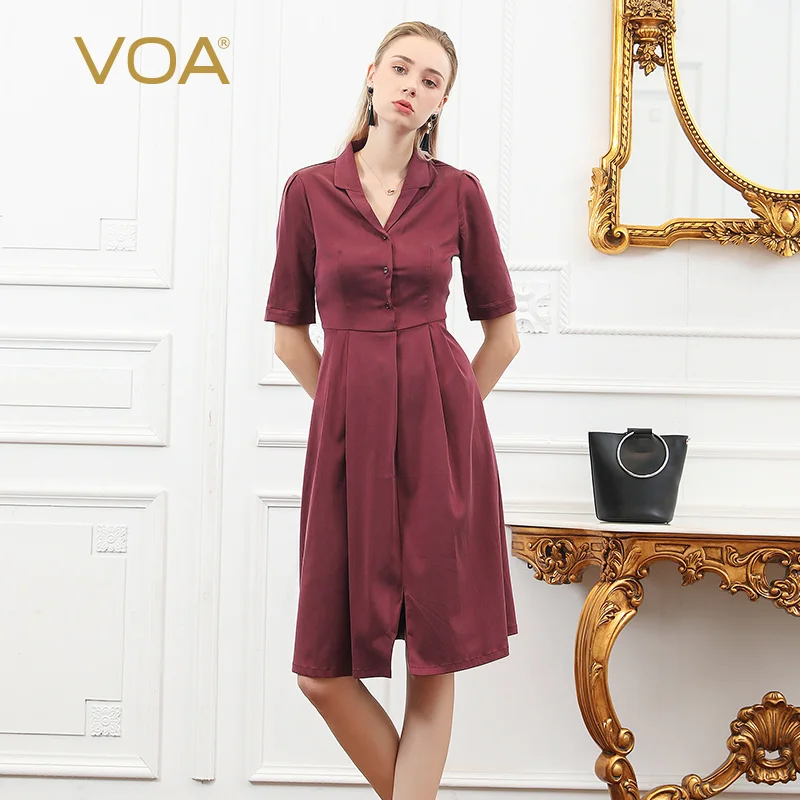 VOA Женская одежда из шелка тутового шелкопряда платья с пятиточечными рукавами свободные средние и длинные темно-зеленые платья A1831