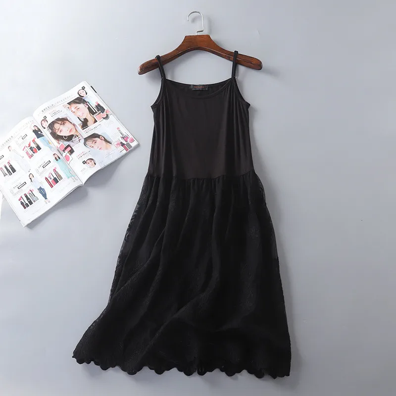 

New Hook Flower Inner Dress Korean Lace Base Nightdress Modal Stitching Mesh Nightgown Women Spring Summer Sexy Sling Nightshirt