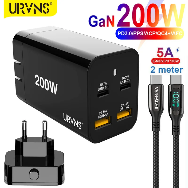 URVNS 200W USB C GaN Wall Charger PD100W PPS45W QC4+ Super Fast Charging Station for iPhone MacBook Samsung Xiaomi Type-C Laptop wallcharger Chargers