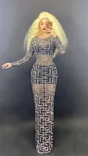 

Sexy Transparent Gold Blue Silver Long Sleeve Rhinestones Evening Long Dress Dance Wear Mesh Dance Performance Evening Costume