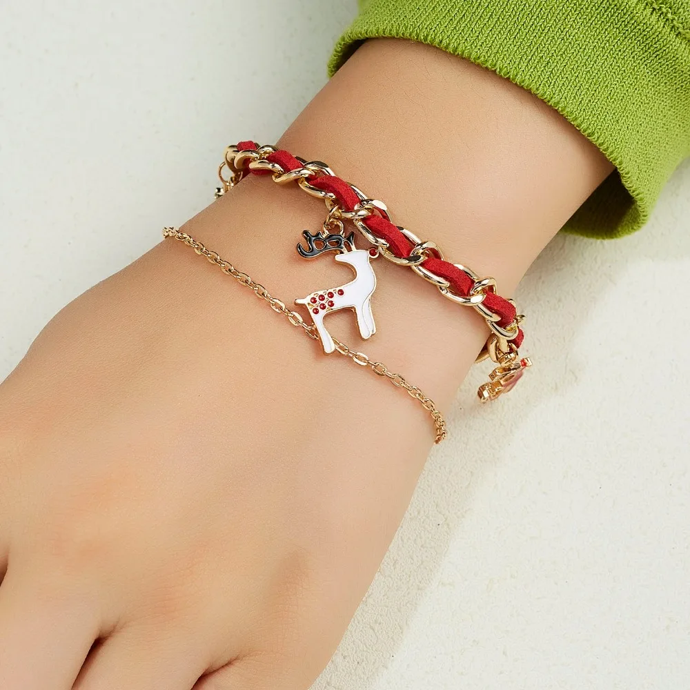 Rinhoo Christmas Adjustable Bracelets Women Santa Claus Elk Xmas Tree Gloves Wreath Snowman Moon Bells Double-layer Bracelets