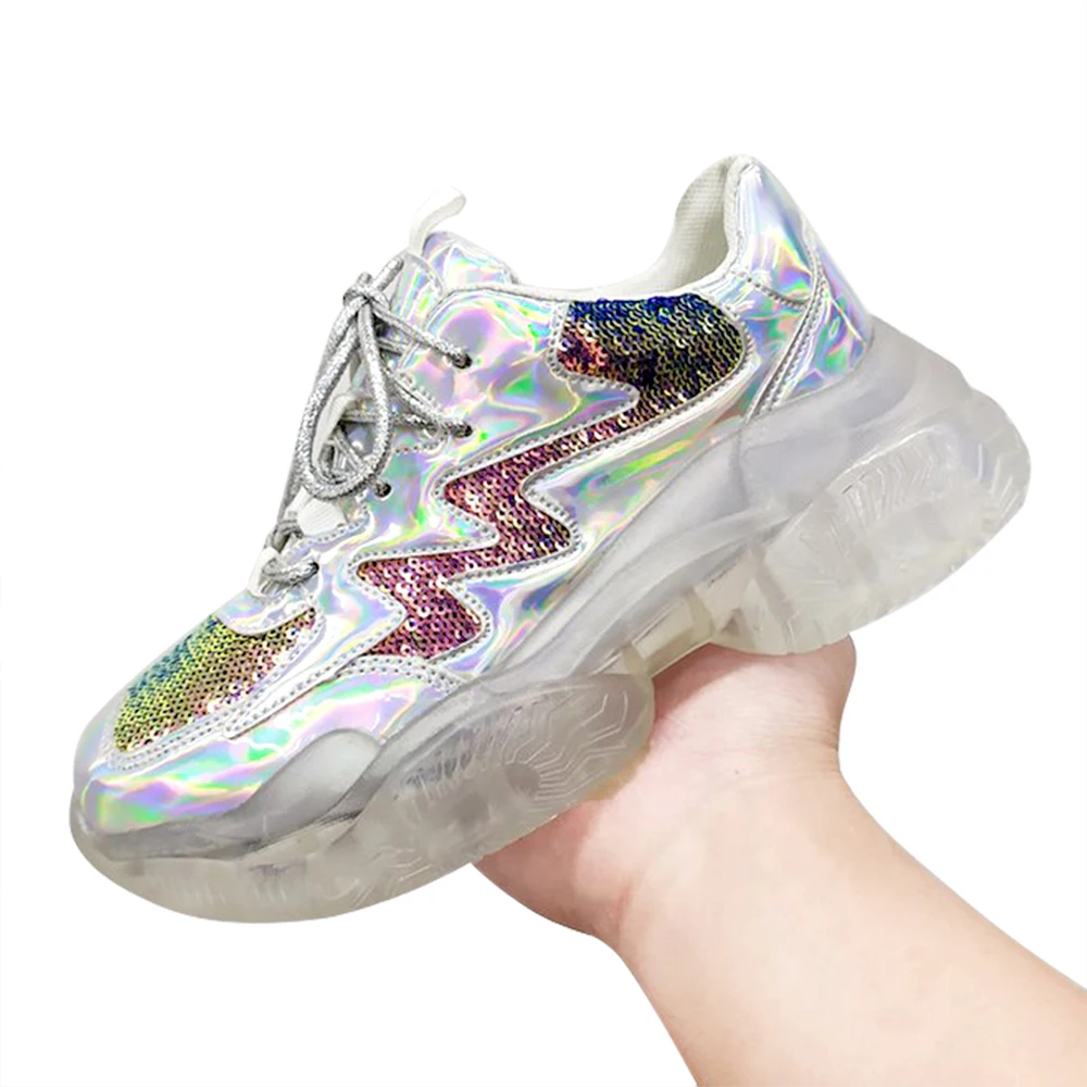 HEFLASHOR/модная повседневная обувь на высокой платформе с лазерной шнуровкой; прозрачные Серебристые кроссовки со стразами; женская обувь; Zapatos - Цвет: 3