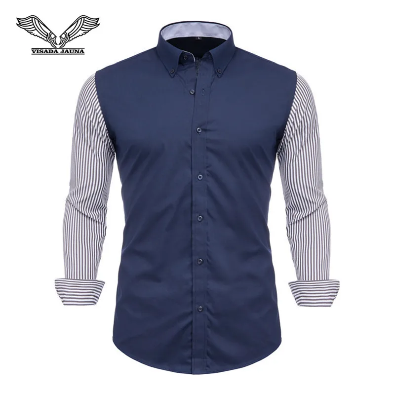 VISADA JAUNA, мужские рубашки с длинным рукавом, модные, однотонные, хлопок, деловые, повседневные, мужские рубашки, брендовая, облегающая одежда N5126 - Цвет: Navy670