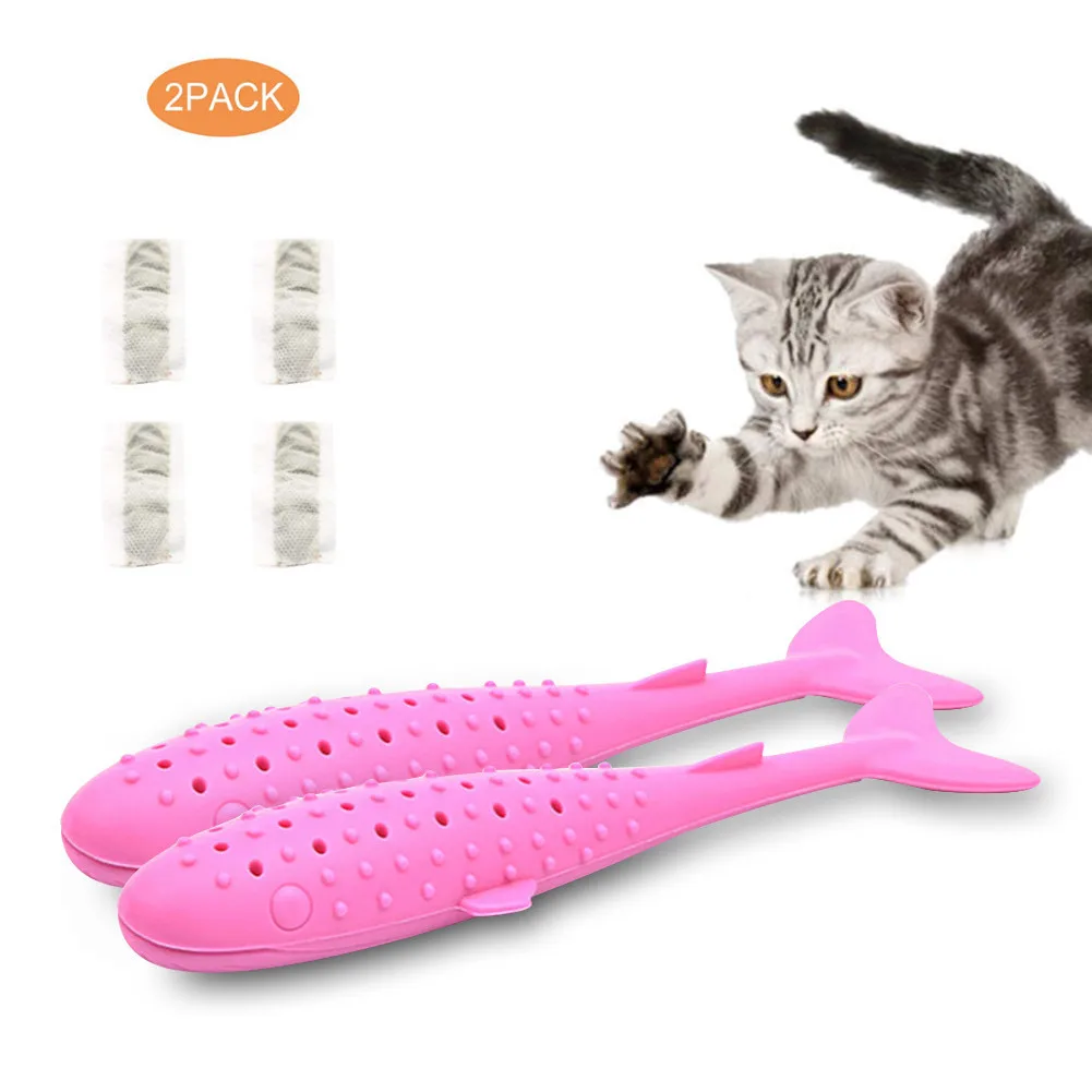 2 упаковки игрушка для жевания кошек с 4 сумками Catnip Нетоксичная Мягкая Силиконовая зубная щетка для кошек в форме рыбки игрушка многоразового использования с Catnip - Цвет: 2 Red