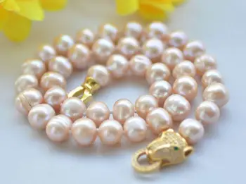 

Beautiful huge light natural Pendant diy real Natural breeding freshwater white pink pearl 9-10MM 18" leopard head clasp