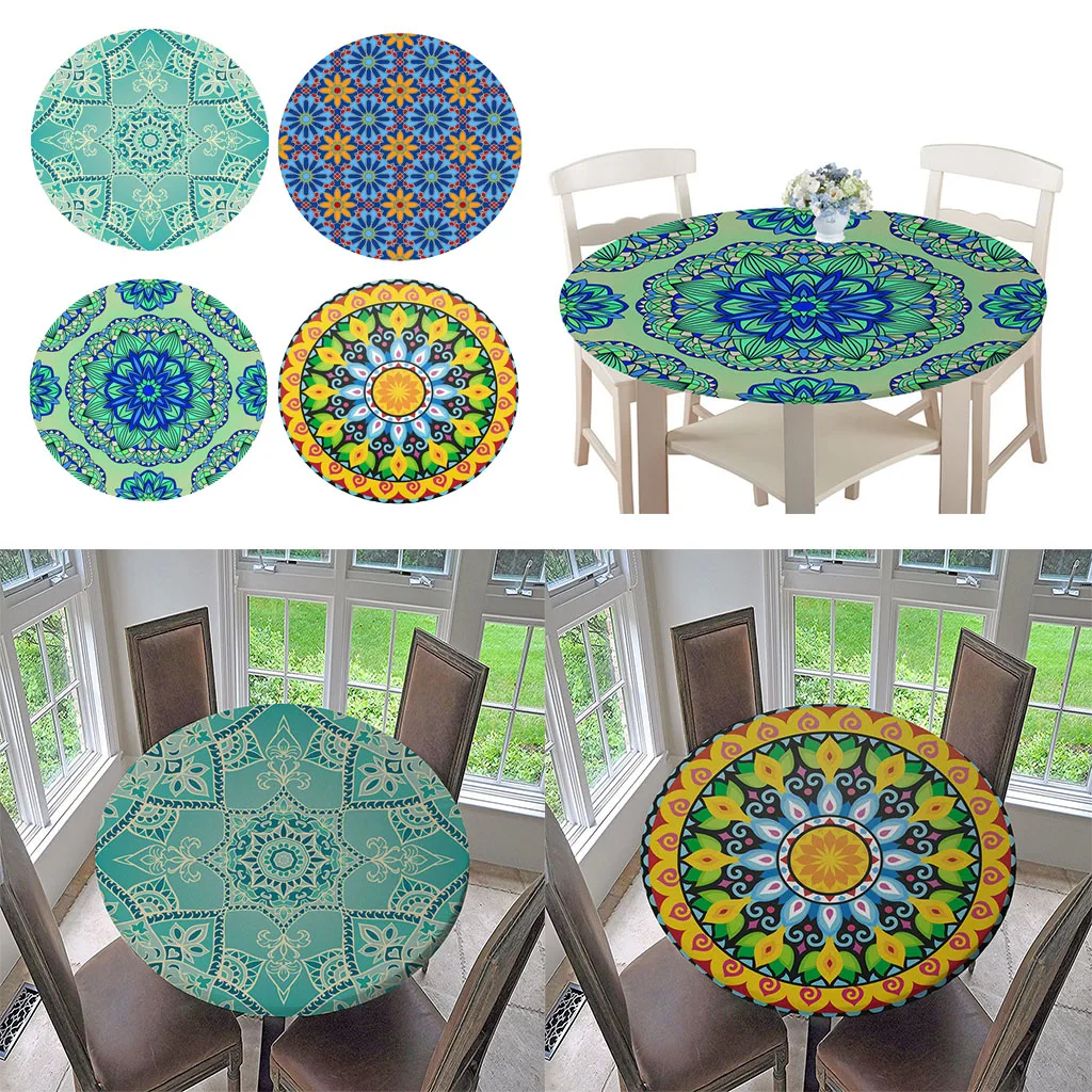Waterproof Non-slip Table Cloth Round 47 Inch Elastic Edge Fitted Polyester Table Cover Flower Pattern
