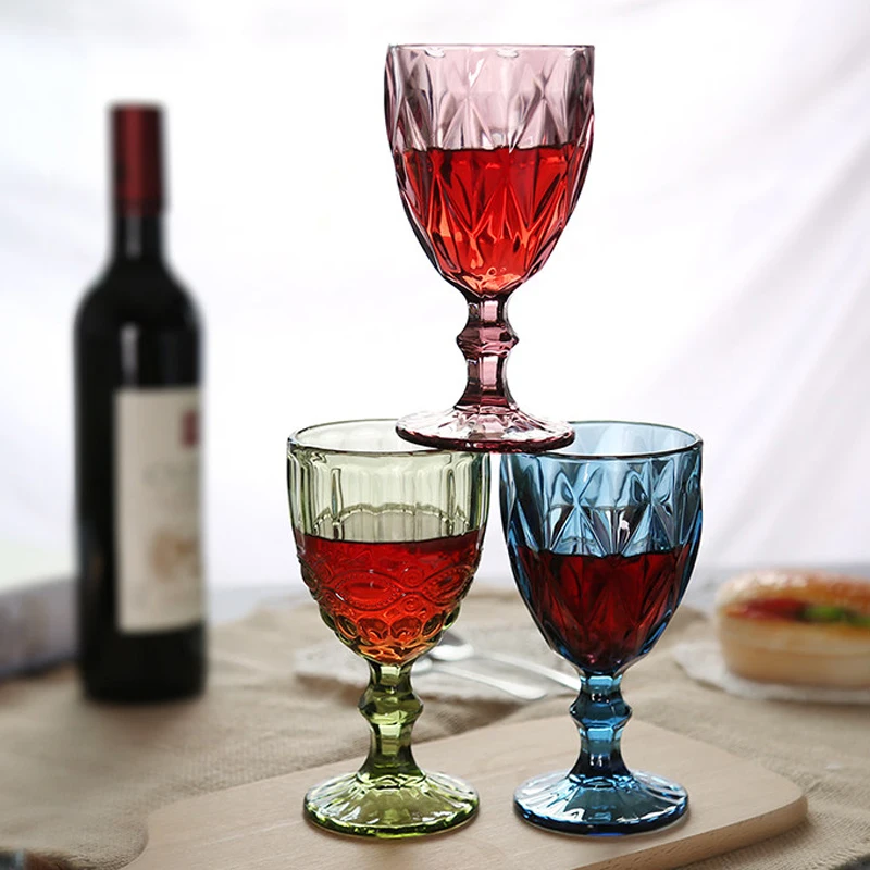 Бокал для вина с тиснением, винтажный, 240 мл, 300 мл, бессвинцовое стекло, прозрачный, красный, зеленый, синий, бокал для шампанского, цветной бриллиант, стакан для сока