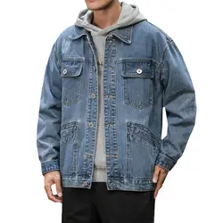 Осенняя новая джинсовая куртка Мужская модная однотонная Повседневная джинсовая куртка с несколькими карманами Мужская Уличная Хип-Хоп