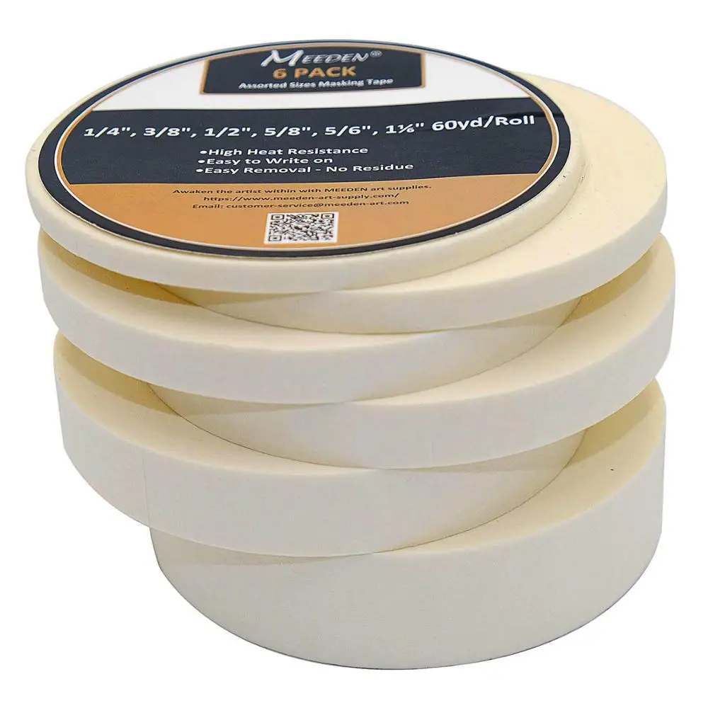 MEEDEN 6 Rolls Masking Tape White, 1/4", 3/8", 1/2", 5/8", 5/6", 1⅙"×60rd, Each 60rd Roll Easy-Write on Easy-Tear No Residue - Цвет: set 1