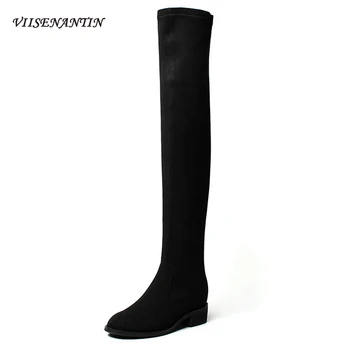 

Round Toe Back Zipper Over The Knee Boots Women's Autumn Winter Round Toe Thick Heel Elastic Thin Boots Mid-heel Leather Boots