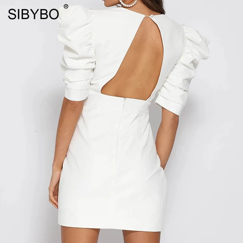 SIBYBO сексуальное облегающее платье с глубоким v-образным вырезом и открытой спиной, женское летнее мини-платье с коротким рукавом, белые вечерние элегантные платья