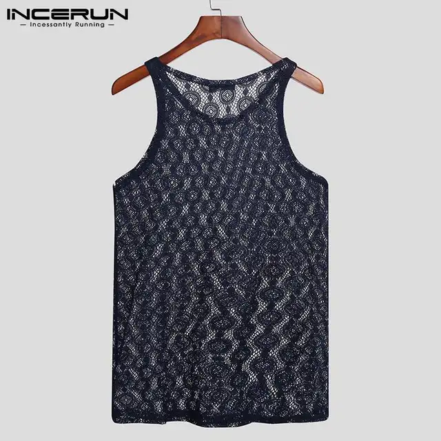 2021 Men Mesh Tank Tops See Through Summer Breathable Sexy O Neck Sleeveless Vests Party Vacation