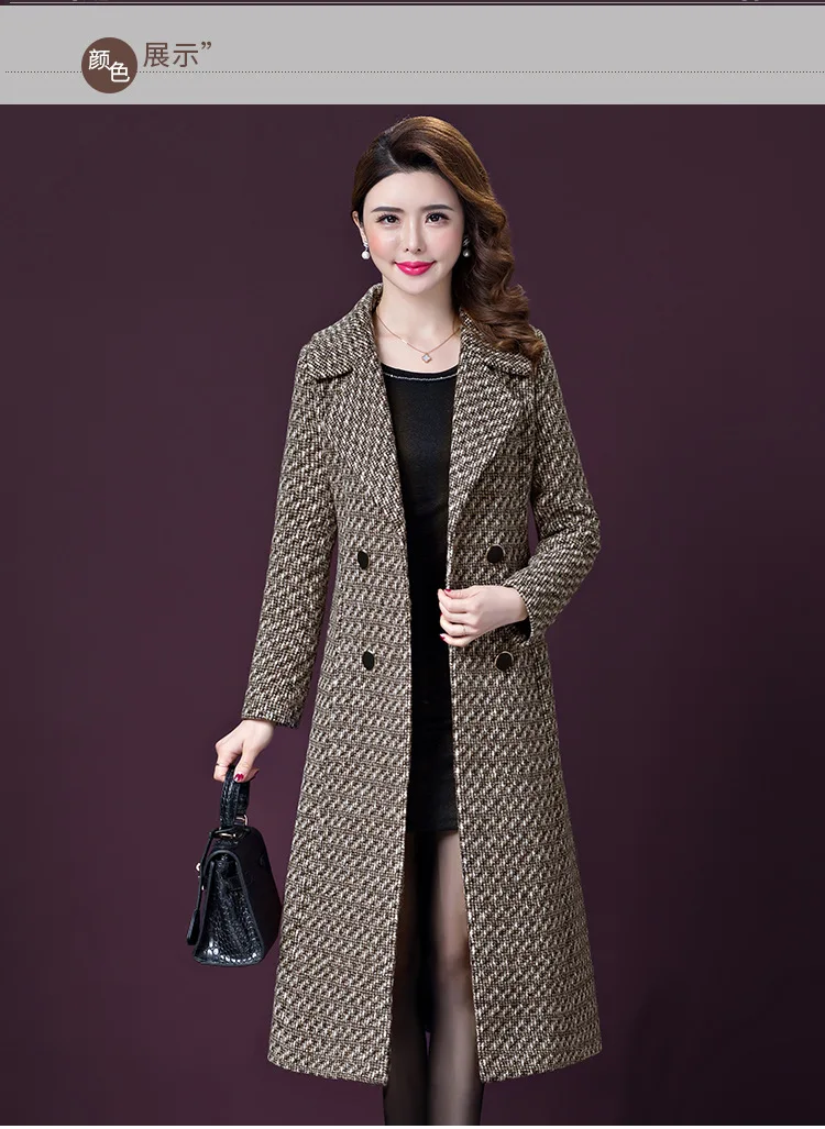 Модные офисные женские длинные шерстяные зимние пальто тонкие Клетчатые Шерстяные Пальто и куртки двубортные женские пальто
