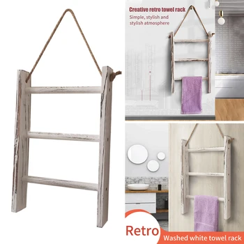 

3 Tiers Bedroom Kitchen With Rope Whitewashed Mini Wall Hanging Wooden Towel Rack Storage Ladder Blankets Bathroom Living Room