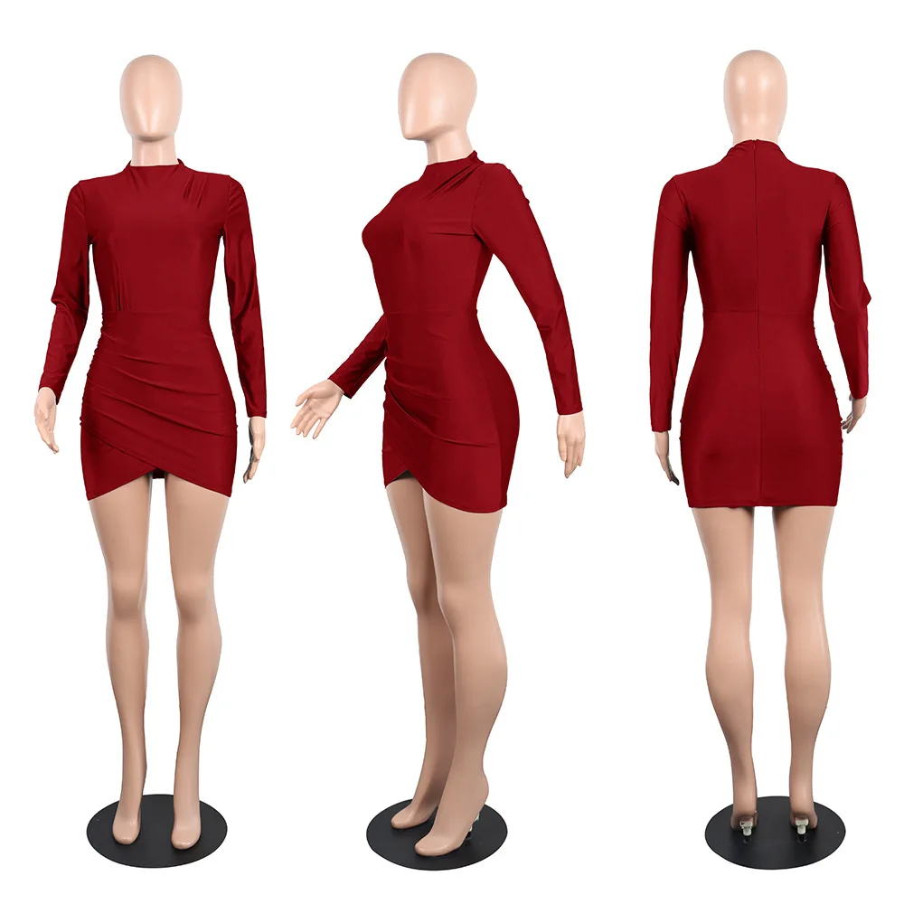 Sexy Ruched Long Sleeve Bodycon Night Party Club Dress Women Casual Solid Fold Offcie Lady Pencil Mini Dresses Antumn Vestidos
