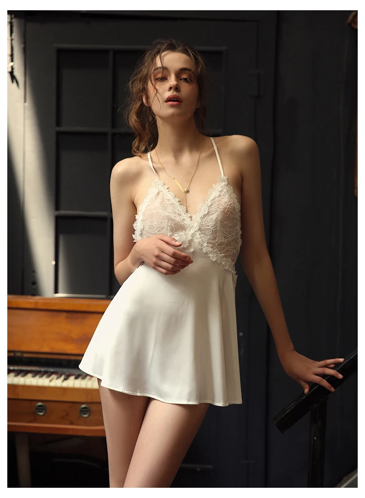 White Сексуальное женское белье, женские ночные рубашки, одежда для сна, летнее тонкое шелковое кружевное видимое искушение, ночная сорочка на бретелях, ночная сорочка - Color: White