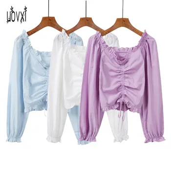 

UOVXI Autumn And Winter Hong Kong Flavor Sexy Retro Loose Elegant Ladies Bandage Bubble Long Sleeve Short Thin Slim Base Top
