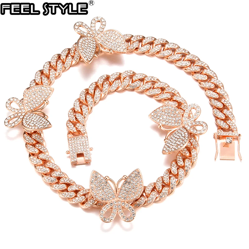 

Hip Hop Iced Out Paved Rhinestones 13MM Gold Full Miami Curb Cuban Chain With Butterfly Choker Necklaces For Men Choker Jewelry