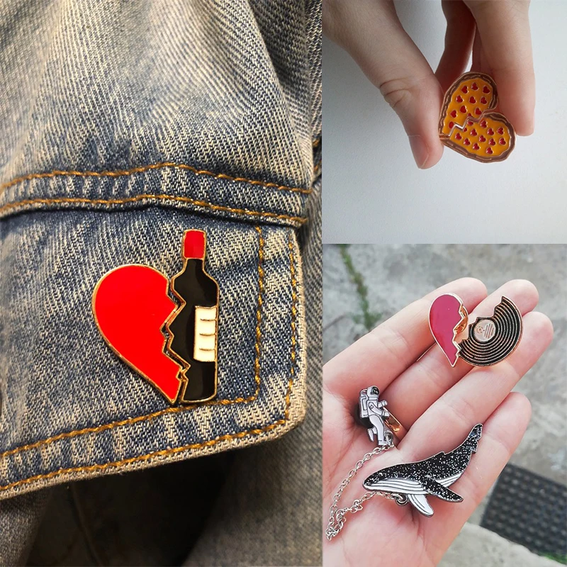 2pcs/set Creative Brocken Heart Wine Bottle Earth Cup Pizza Enamel Pins BEST BUDS/BOOS Brooch Collar Pin Badges Corsage Jewelry - Image 5