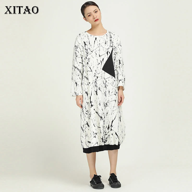 XITAO Платье с принтом в стиле ретро, необычное лоскутное платье с карманами, женская одежда, Модный пуловер с длинным рукавом, элегантное платье XJ2716