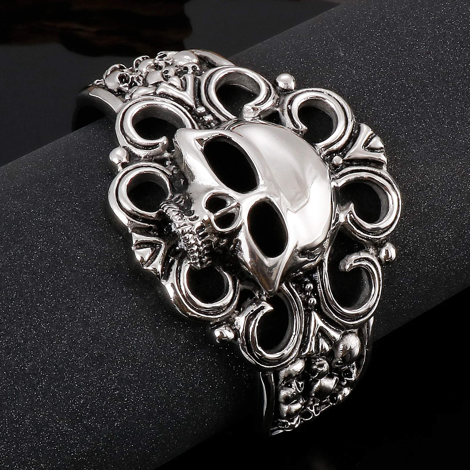Punk Gothic Stainless Steel Huge Hyperbole Heavy Ghost Head Bangle Men Biker Rock Model Show Bracelets 4