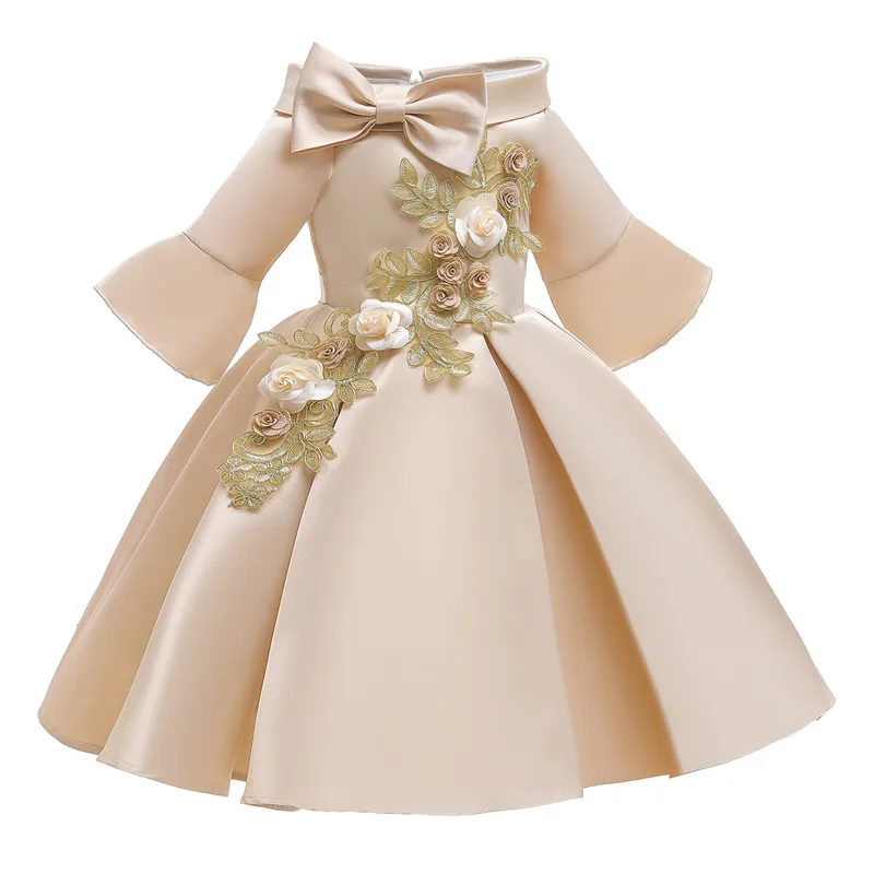 Платье с открытыми плечами и короткими рукавами для девочек; атласное элегантное кружевное платье принцессы с цветочным узором для девочек; торжественные Свадебные платья для торжеств