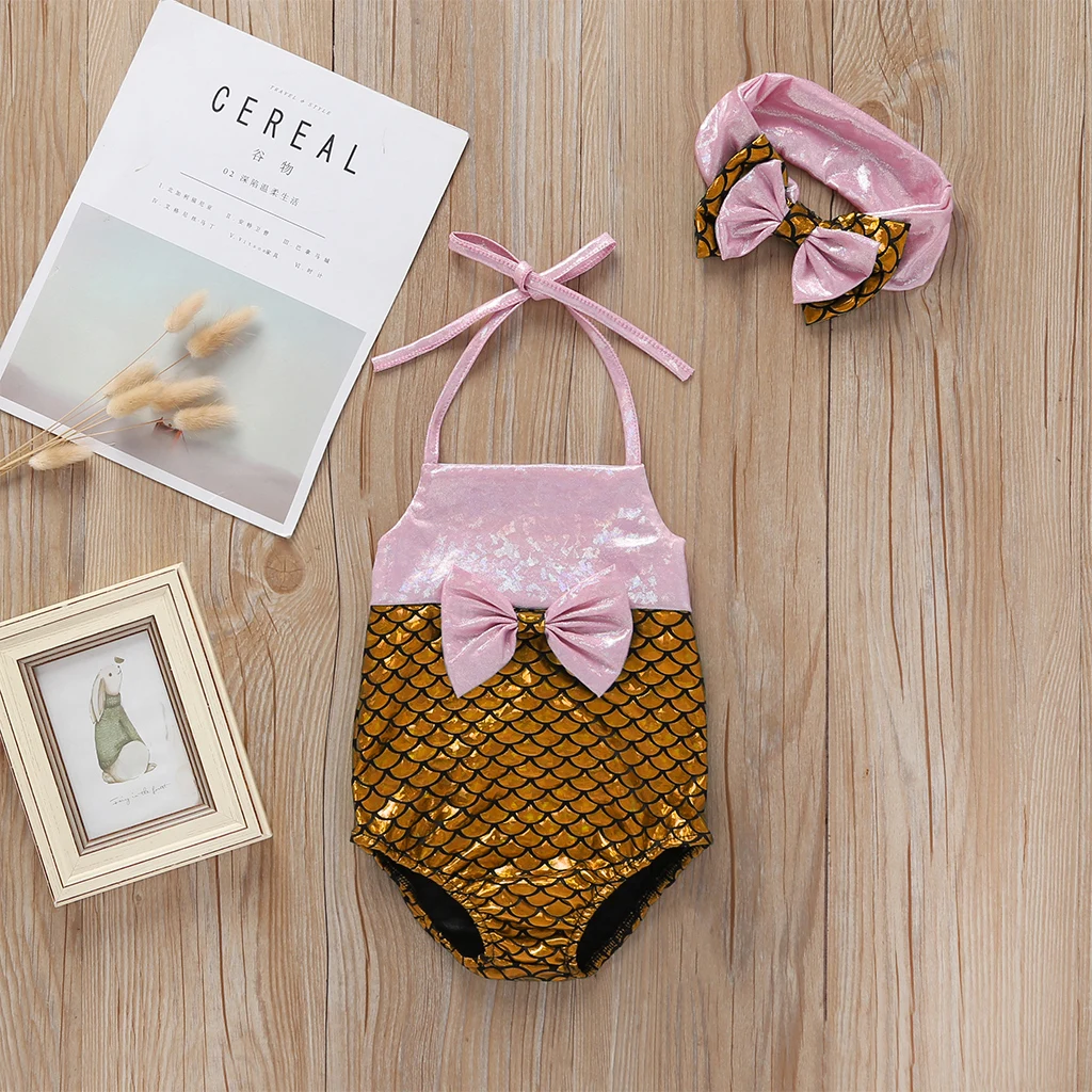 Baby Girls Mermaid Swimwear Cute Lovely Bow Knot Tankini Bikini Sleeveless Halter Swimsuit 2PCS Set Bathing Suit Beachwear